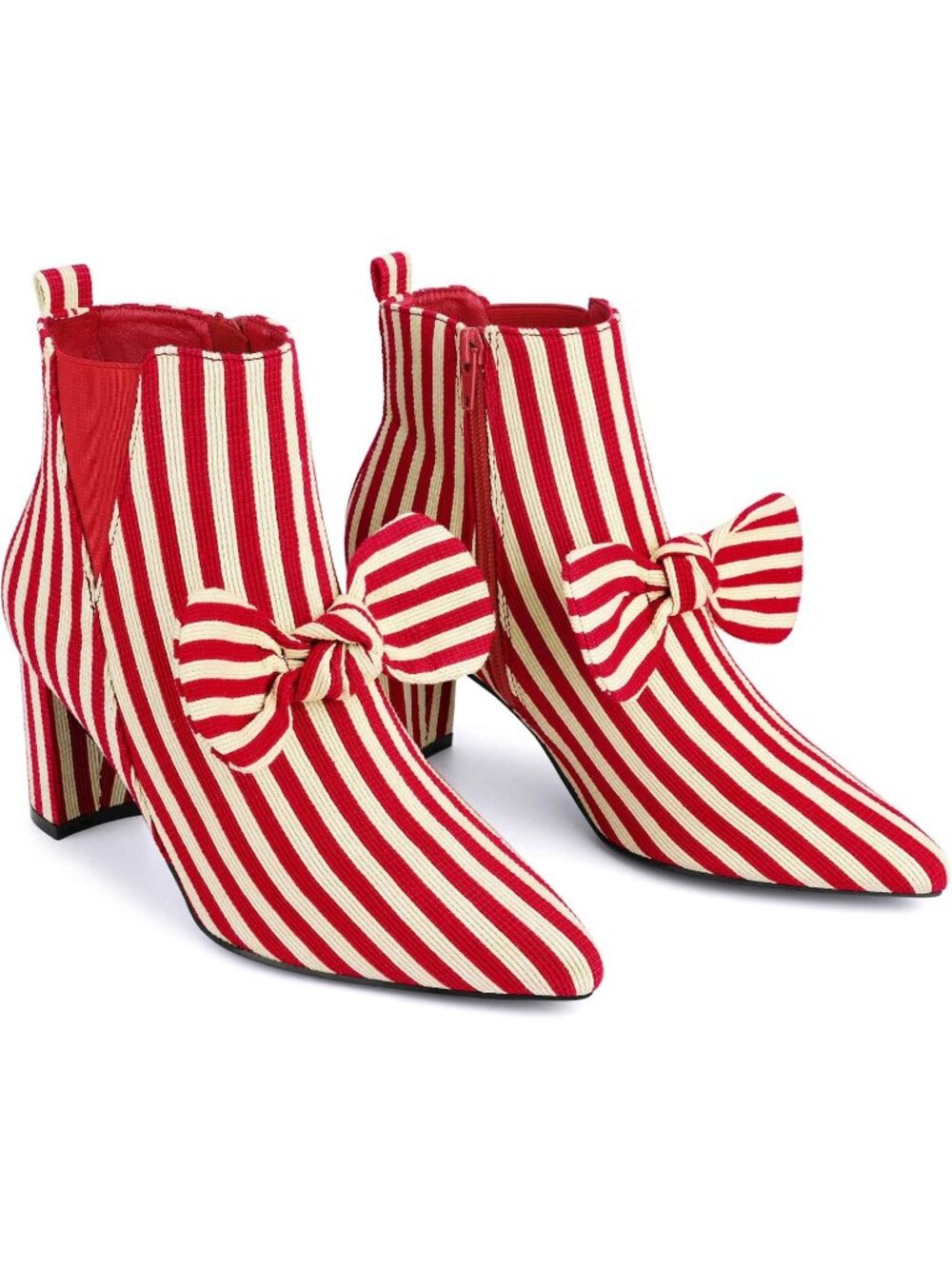 Women's Red Fashionable Bow Stripe Pointed Toe Chunky Heels Winter Ankle Boots